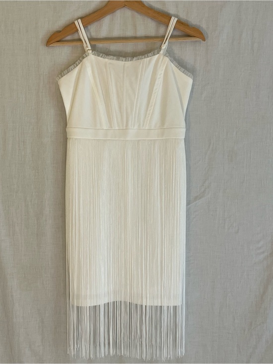 Cache Dresses & Skirts - Cache White Fringe Mini Dress with Spaghetti Straps